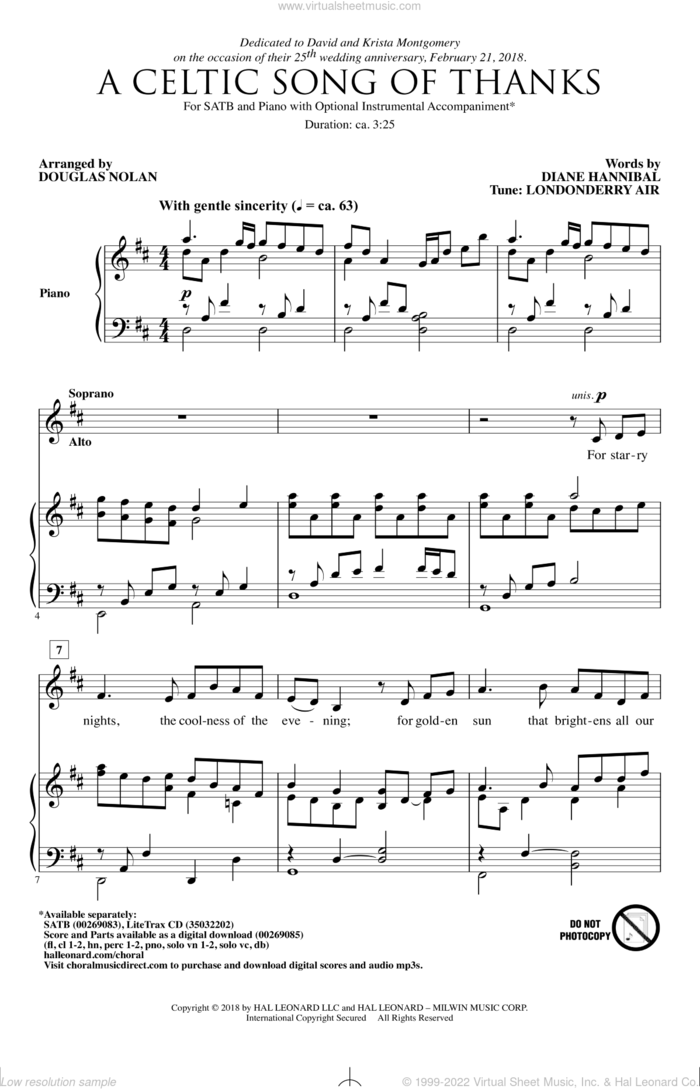 A Celtic Song Of Thanks sheet music for choir (SATB: soprano, alto, tenor, bass) by Diane Hannibal, Douglas Nolan and Londonderry Air, intermediate skill level