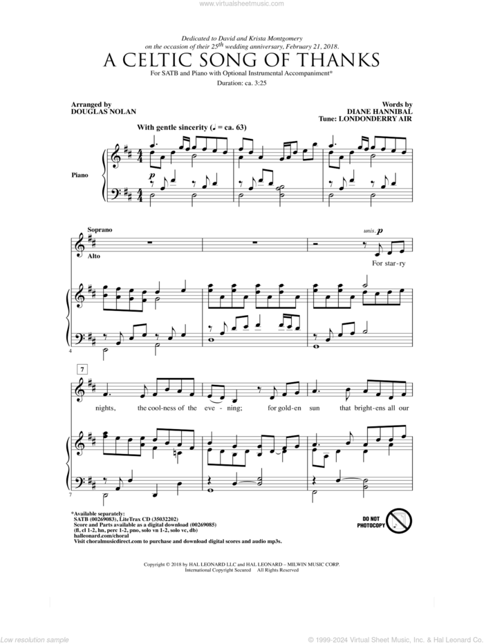 A Celtic Song Of Thanks sheet music for choir (SATB: soprano, alto, tenor, bass) by Diane Hannibal, Douglas Nolan and Londonderry Air, intermediate skill level