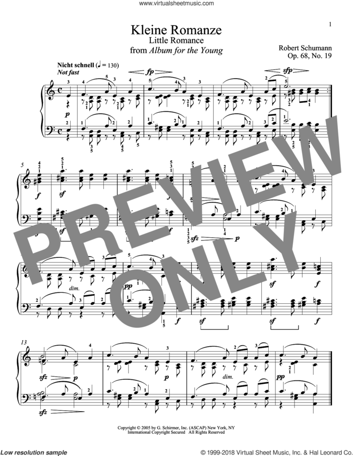 Little Romance, Op. 68, No. 19 sheet music for piano solo by Robert Schumann, Jennifer Linn and Richard Walters, classical score, intermediate skill level
