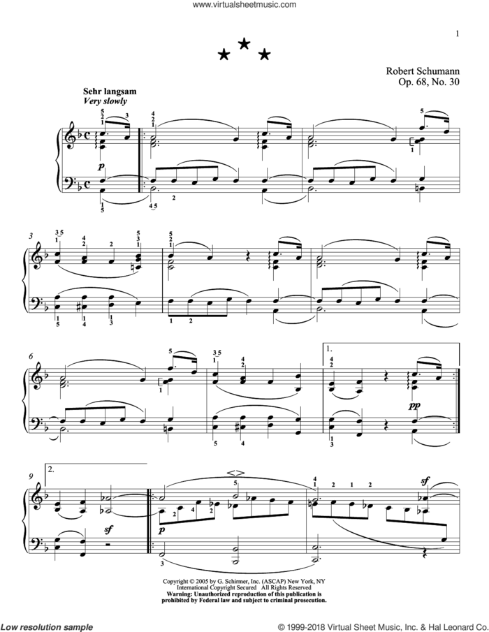 Molto Lento, Op. 68, No. 30 sheet music for piano solo by Robert Schumann and Jennifer Linn, classical score, intermediate skill level
