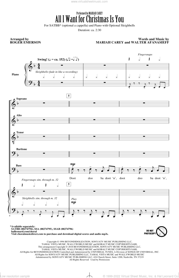 All I Want For Christmas Is You (arr. Roger Emerson) sheet music for choir (SATBB) by Mariah Carey, Roger Emerson, Michael Buble and Walter Afanasieff, intermediate skill level