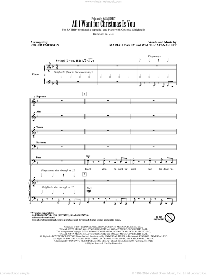 All I Want For Christmas Is You (arr. Roger Emerson) sheet music for choir (SATBB) by Mariah Carey, Roger Emerson, Michael Buble and Walter Afanasieff, intermediate skill level