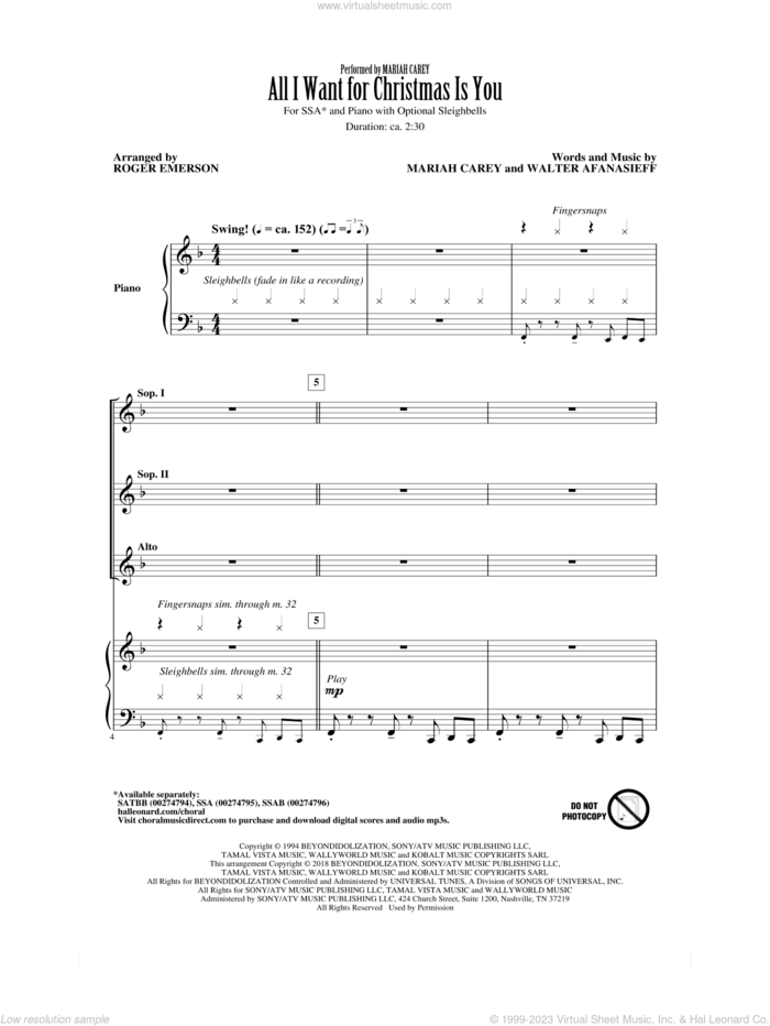 All I Want For Christmas Is You (arr. Roger Emerson) sheet music for choir (SSA: soprano, alto) by Mariah Carey, Roger Emerson and Walter Afanasieff, intermediate skill level