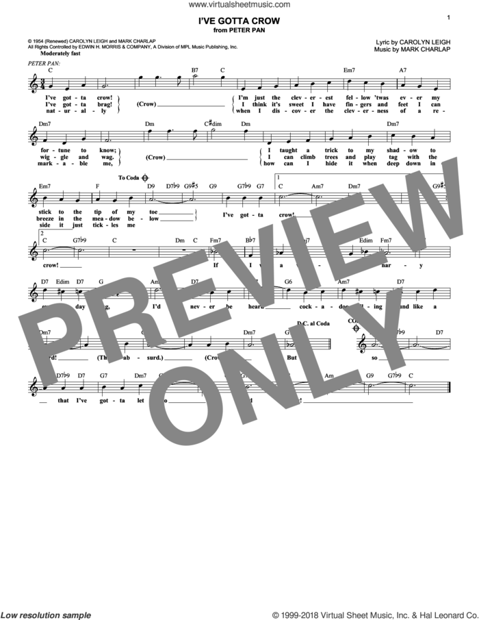 I've Gotta Crow sheet music for voice and other instruments (fake book) by Carolyn Leigh and Mark Charlap, intermediate skill level