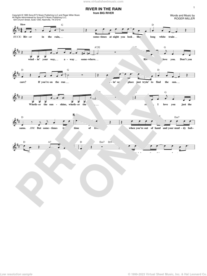 River In The Rain sheet music for voice and other instruments (fake book) by Roger Miller, intermediate skill level