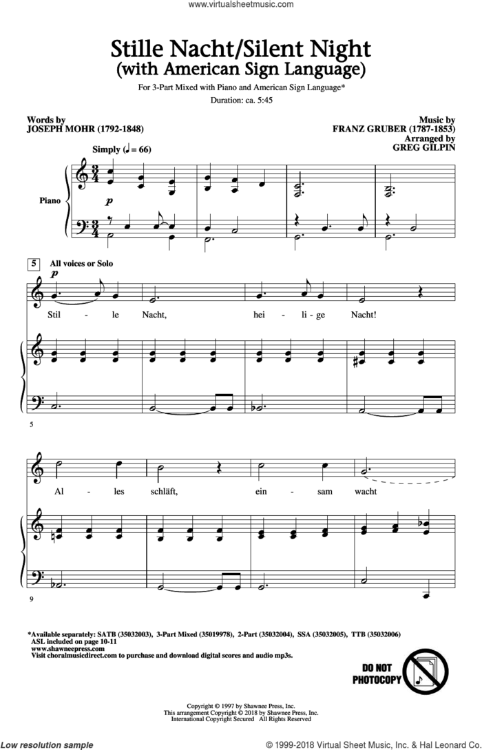 Stille Nacht/Silent Night (With American Sign Language) sheet music for choir (3-Part Mixed) by Franz Gruber, Greg Gilpin and Joseph Mohr, intermediate skill level