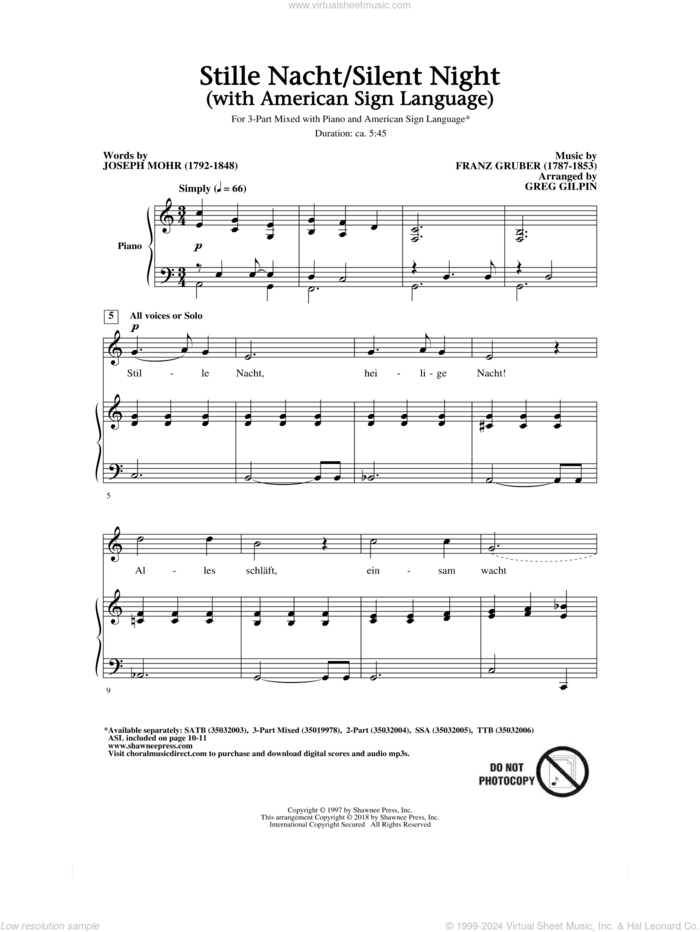 Stille Nacht/Silent Night (With American Sign Language) sheet music for choir (3-Part Mixed) by Franz Gruber, Greg Gilpin and Joseph Mohr, intermediate skill level