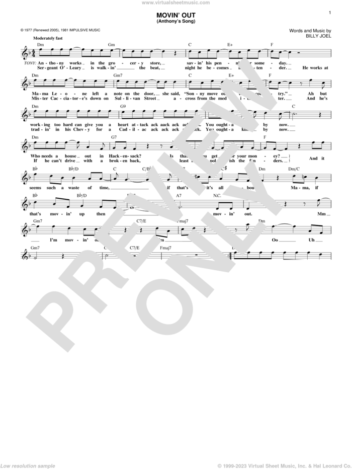 Movin' Out (Anthony's Song) sheet music for voice and other instruments (fake book) by Billy Joel, intermediate skill level