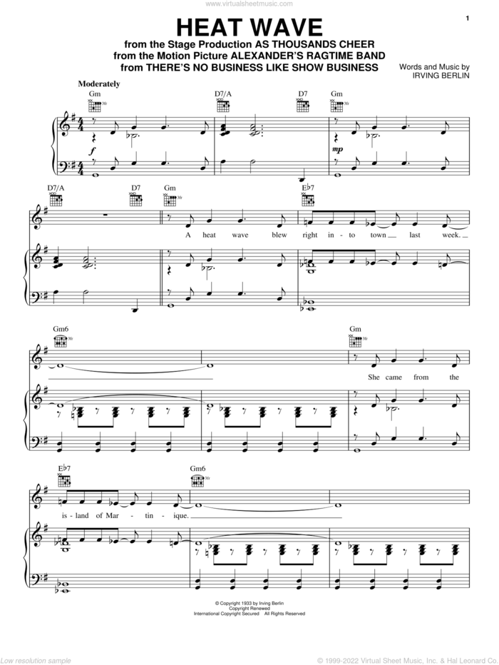 Heat Wave sheet music for voice, piano or guitar by Irving Berlin, Ella Fitzgerald, Ethel Merman, Ethel Waters, Marilyn Monroe and Mildred Bailey, intermediate skill level