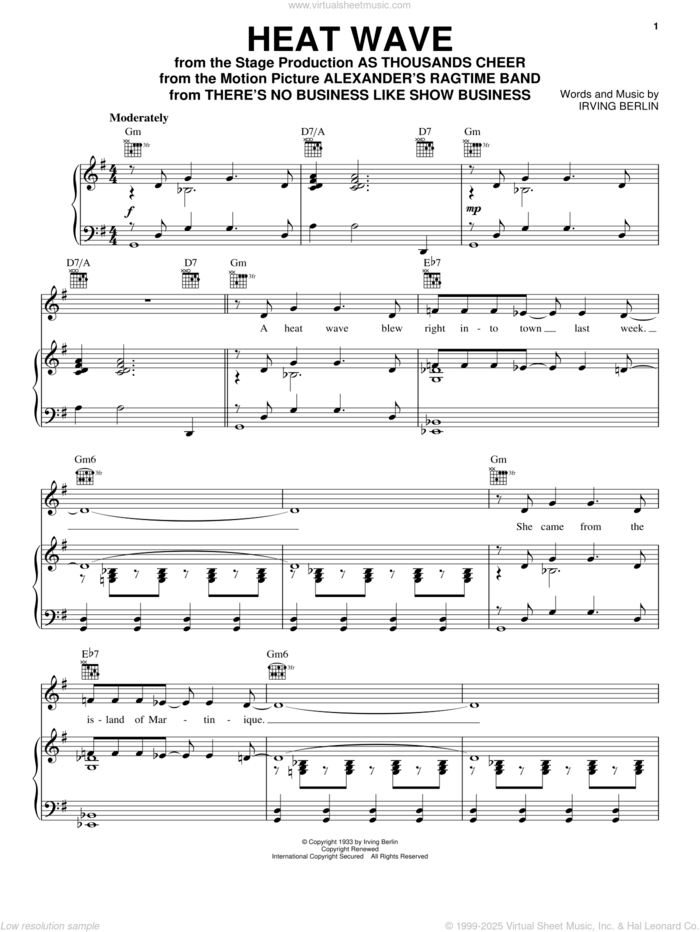 Heat Wave sheet music for voice, piano or guitar by Irving Berlin, Ella Fitzgerald, Ethel Merman, Ethel Waters, Marilyn Monroe and Mildred Bailey, intermediate skill level