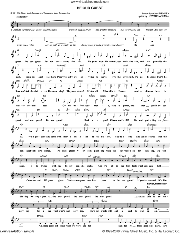 Be Our Guest (from Beauty And The Beast) sheet music for voice and other instruments (fake book) by Alan Menken, Alan Menken & Howard Ashman and Howard Ashman, intermediate skill level