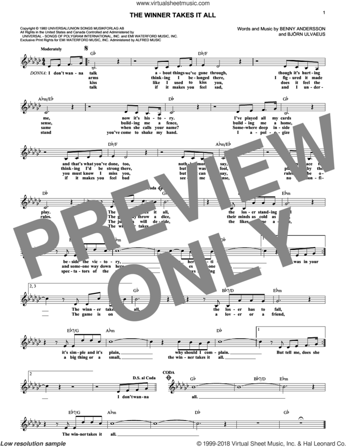 The Winner Takes It All sheet music for voice and other instruments (fake book) by ABBA, Benny Andersson and Bjorn Ulvaeus, intermediate skill level