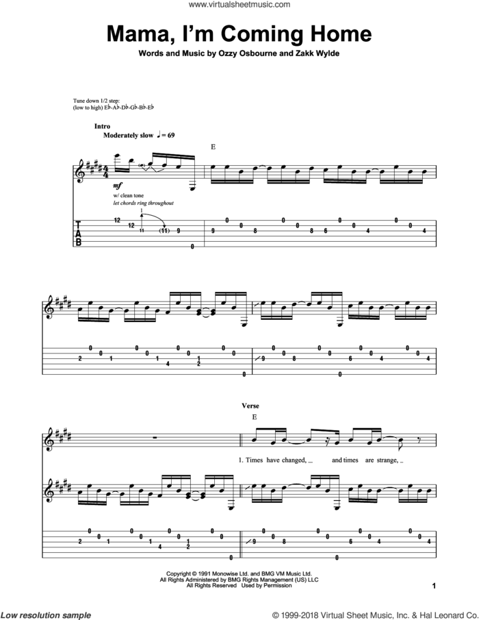 Mama, I'm Coming Home sheet music for guitar (tablature, play-along) by Ozzy Osbourne and Zakk Wylde, intermediate skill level