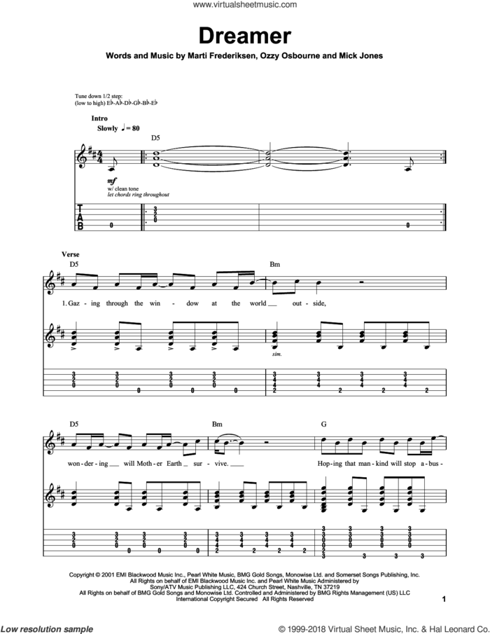 Dreamer sheet music for guitar (tablature, play-along) by Ozzy Osbourne, Marti Frederiksen and Mick Jones, intermediate skill level