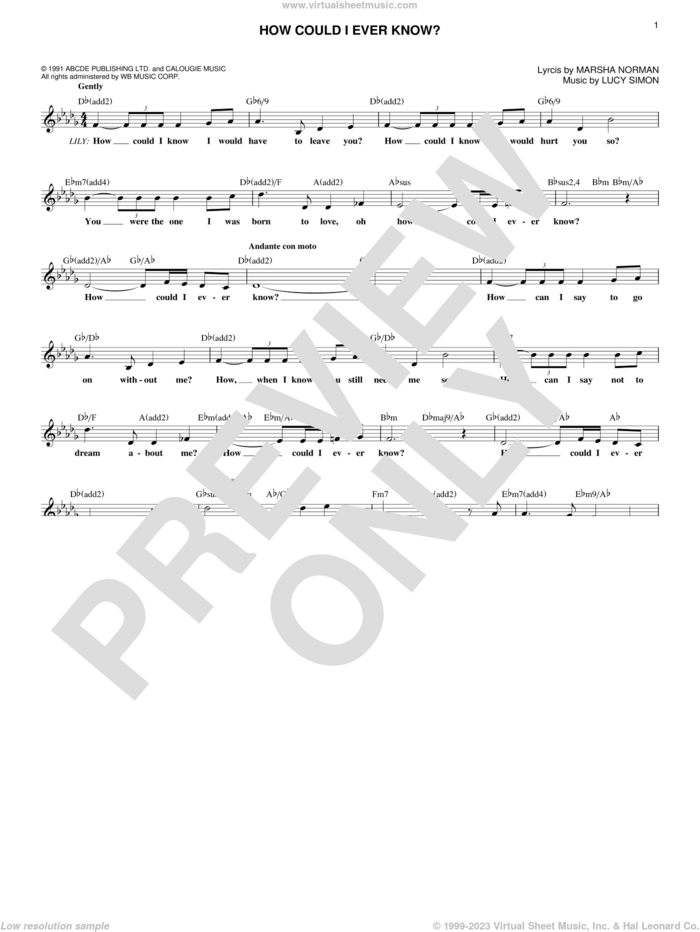 How Could I Ever Know? sheet music for voice and other instruments (fake book) by Lucy Simon and Marsha Norman, intermediate skill level