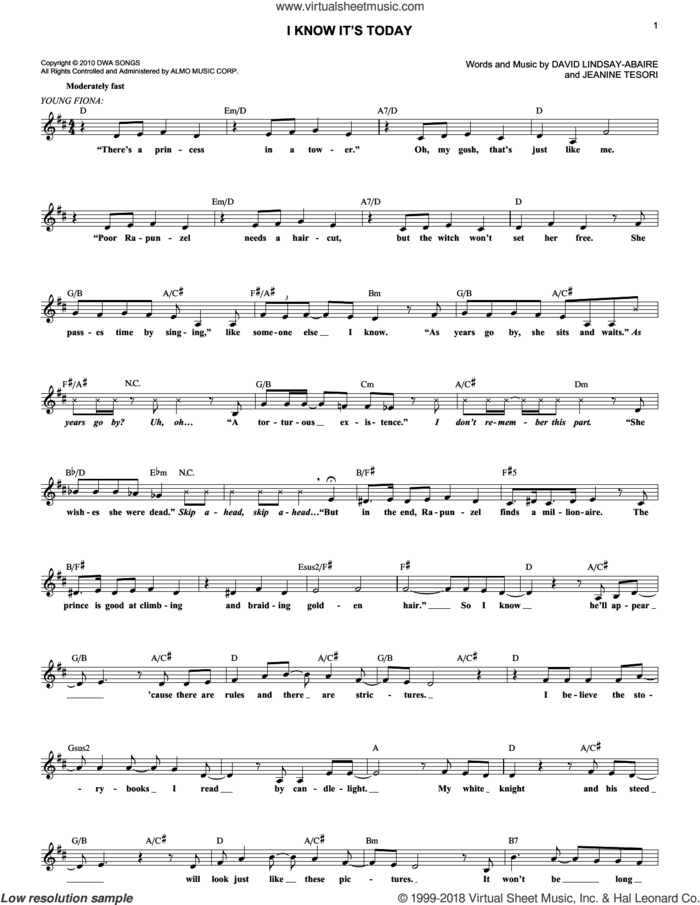 I Know It's Today sheet music for voice and other instruments (fake book) by Jeanine Tesori and David Lindsay-Abaire, intermediate skill level