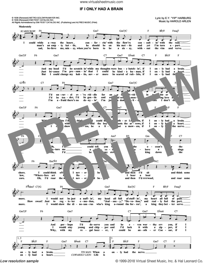 If I Only Had A Brain sheet music for voice and other instruments (fake book) by Harold Arlen and E.Y. Harburg, intermediate skill level