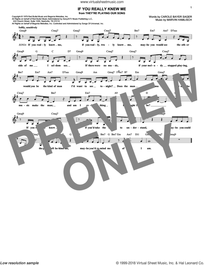If You Really Knew Me sheet music for voice and other instruments (fake book) by Marvin Hamlisch and Carole Bayer Sager, intermediate skill level