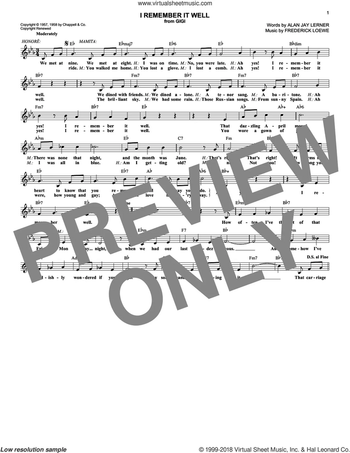 I Remember It Well sheet music for voice and other instruments (fake book) by Alan Jay Lerner and Frederick Loewe, intermediate skill level