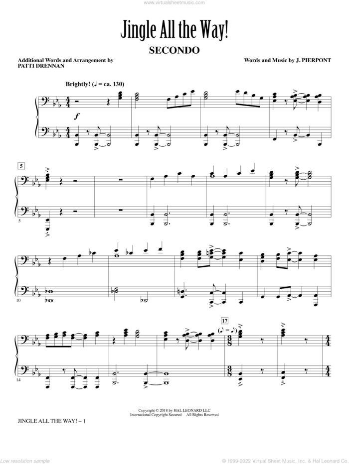 Jingle All The Way! (arr. Patti Drennan) sheet music for piano four hands ( 4-) by James Pierpont and Patti Drennan, intermediate skill level