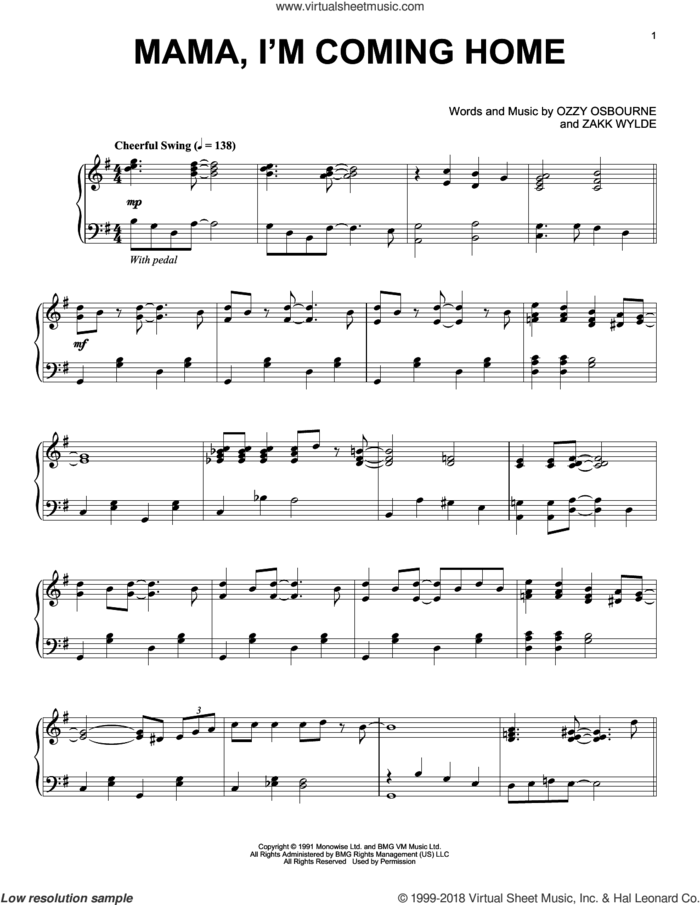 Mama, I'm Coming Home [Jazz version] sheet music for piano solo by Ozzy Osbourne and Zakk Wylde, intermediate skill level