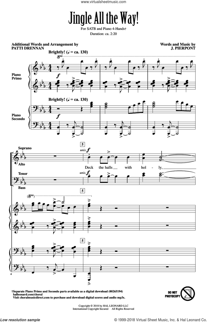 Jingle All The Way! sheet music for choir (SATB and Piano 4-Hands) by James Pierpont and Patti Drennan, intermediate skill level