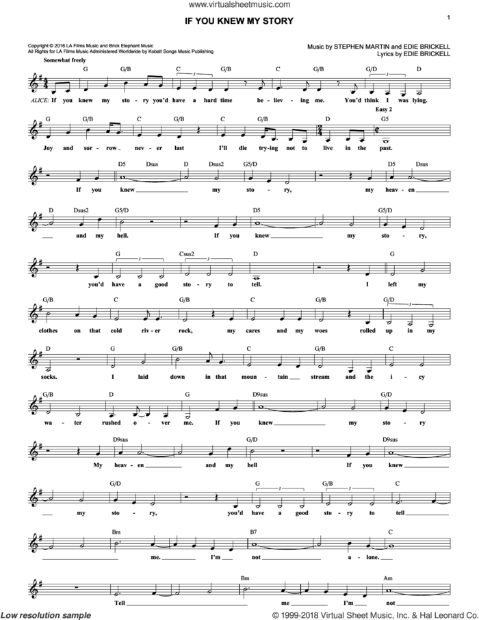 If You Knew My Story (from Bright Star) sheet music for voice and other instruments (fake book) by Edie Brickell and Stephen Martin, intermediate skill level