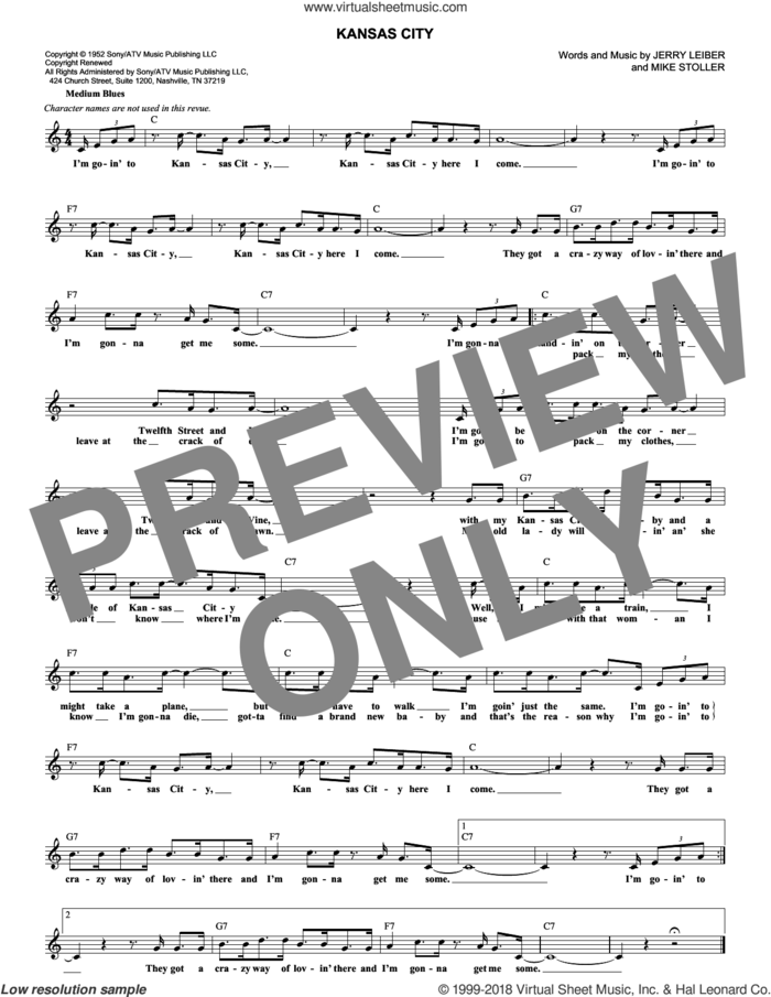 Kansas City sheet music for voice and other instruments (fake book) by Mike Stoller, Wilbert Harrison and Jerry Leiber, intermediate skill level