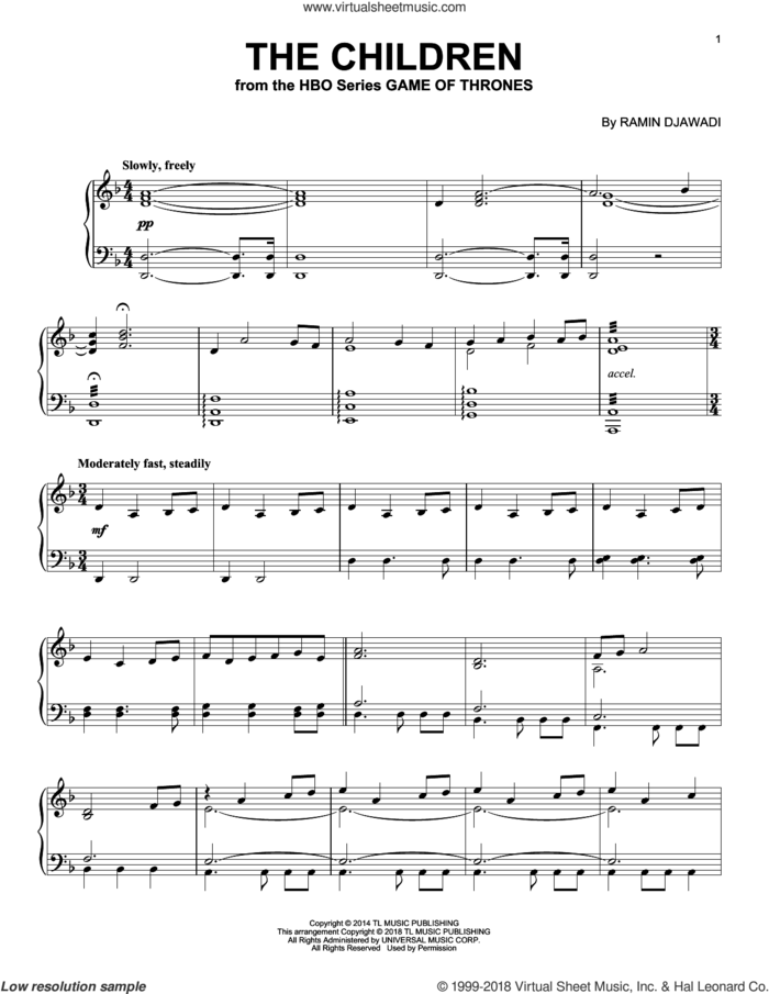 The Children (from Game of Thrones) sheet music for piano solo by Ramin Djawadi, intermediate skill level