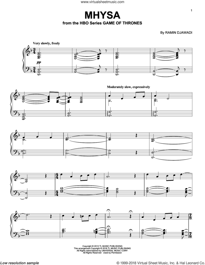 Mhysa (from Game of Thrones), (intermediate) sheet music for piano solo by Ramin Djawadi, intermediate skill level