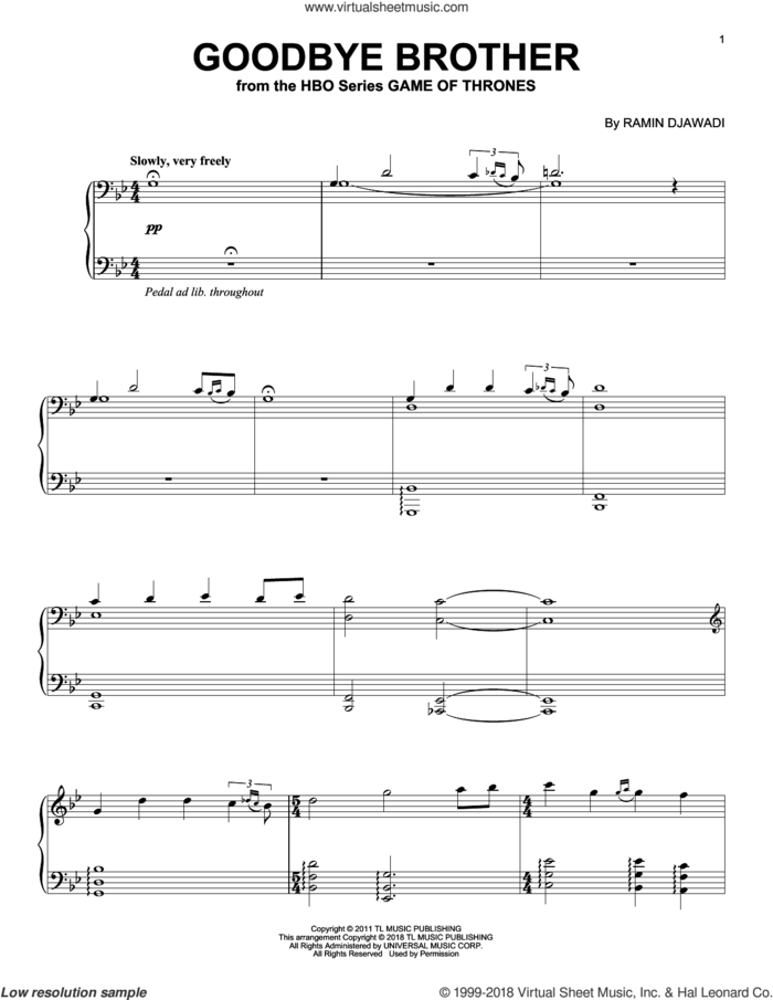 Goodbye Brother (from Game of Thrones) sheet music for piano solo by Ramin Djawadi, intermediate skill level