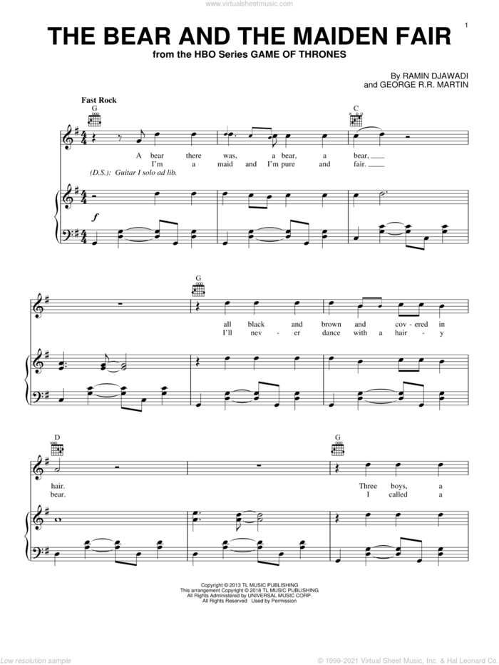 The Bear And The Maiden Fair (from Game of Thrones) sheet music for voice, piano or guitar by Ramin Djawadi and George R.R. Martin, intermediate skill level
