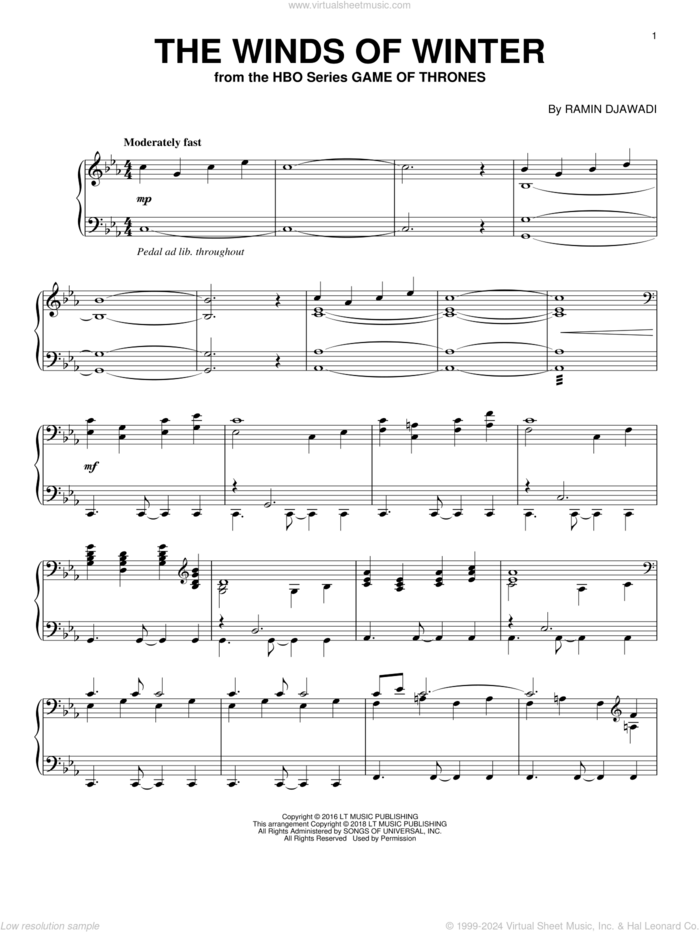 The Winds Of Winter (from Game of Thrones), (intermediate) sheet music for piano solo by Ramin Djawadi, intermediate skill level