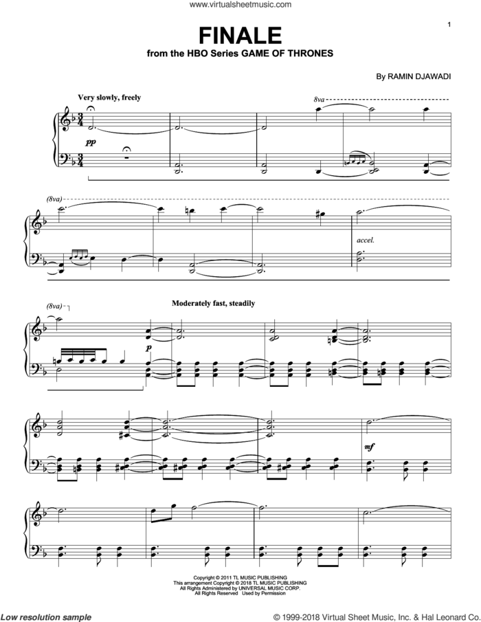 Finale (from Game of Thrones) sheet music for piano solo by Ramin Djawadi, intermediate skill level