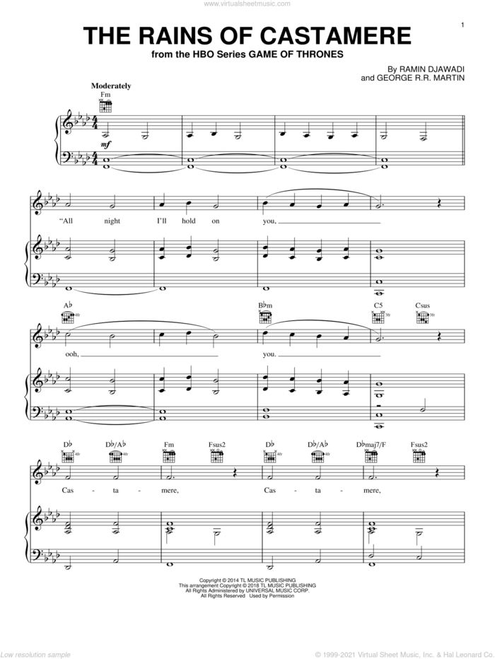 The Rains Of Castamere (from Game of Thrones) sheet music for voice, piano or guitar by Sigur Ros, George R.R. Martin and Ramin Djawadi, intermediate skill level