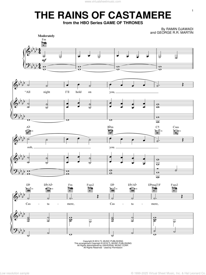 The Rains Of Castamere (from Game of Thrones) sheet music for voice, piano or guitar by Sigur Ros, George R.R. Martin and Ramin Djawadi, intermediate skill level