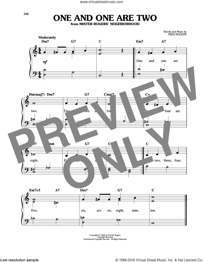One And One Are Two sheet music for piano solo by Fred Rogers and Miscellaneous, easy skill level