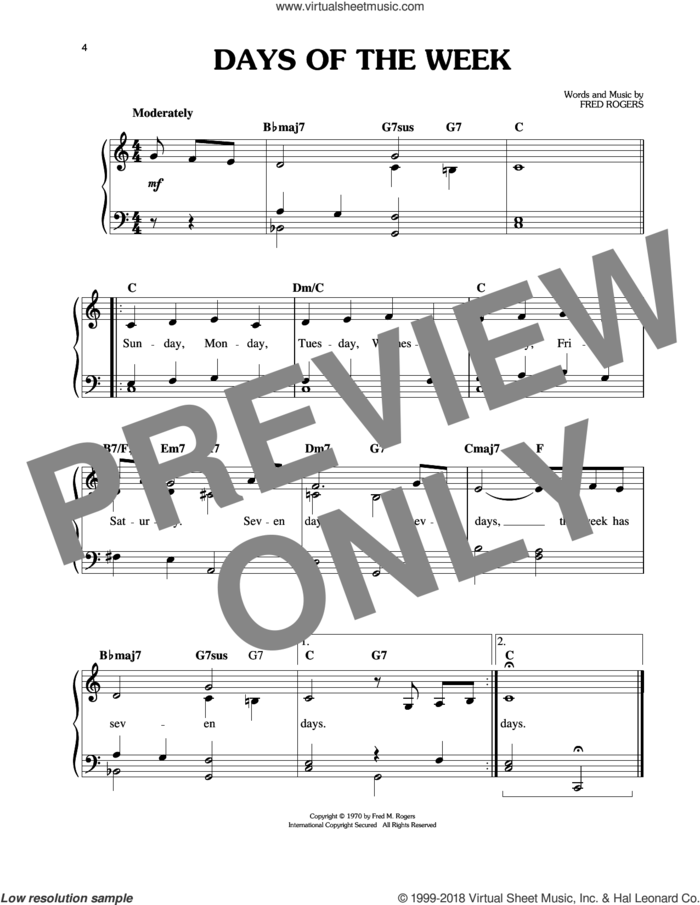 Days Of The Week sheet music for piano solo by Fred Rogers and Mister Rogers, easy skill level