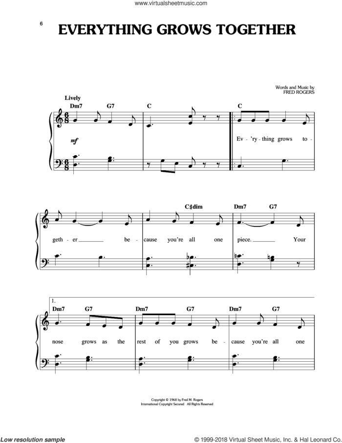 Everything Grows Together sheet music for piano solo by Fred Rogers and Mister Rogers, easy skill level
