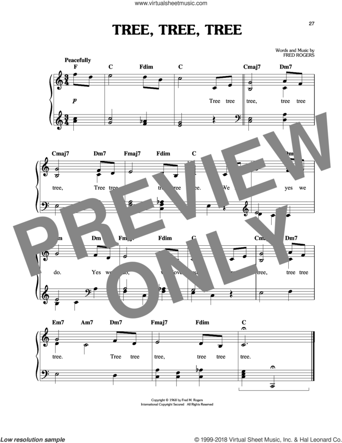 Tree, Tree, Tree sheet music for piano solo by Fred Rogers and Mister Rogers, easy skill level