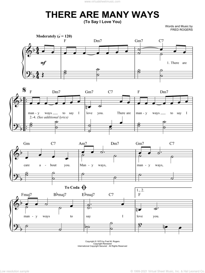 There Are Many Ways (To Say I Love You) sheet music for piano solo by Fred Rogers and Mister Rogers, easy skill level