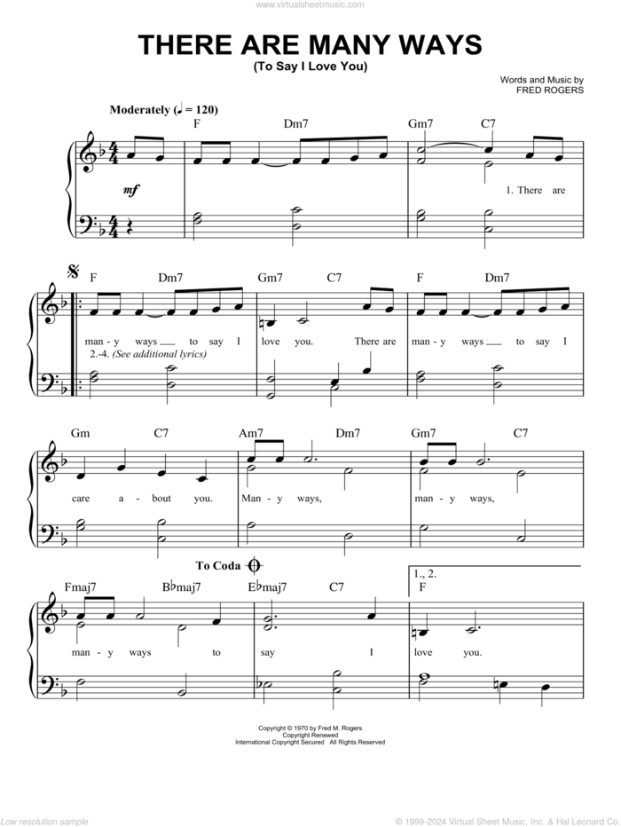 There Are Many Ways (To Say I Love You) sheet music for piano solo by Fred Rogers and Mister Rogers, easy skill level