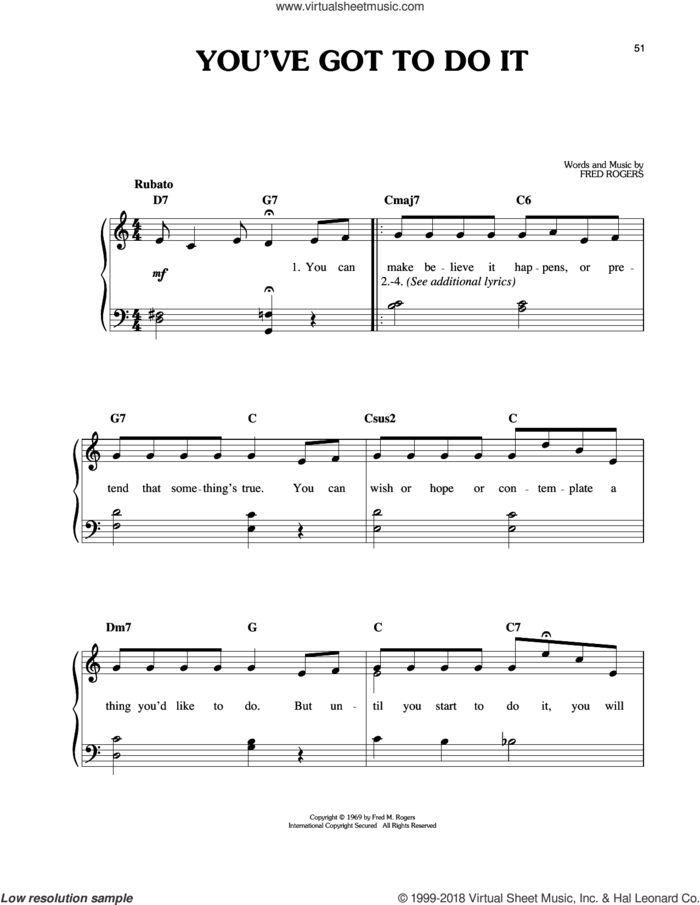You've Got To Do It sheet music for piano solo by Fred Rogers and Mister Rogers, easy skill level