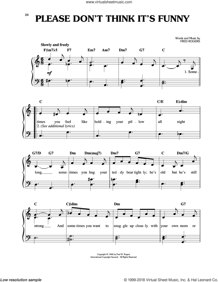 Please Don't Think It's Funny sheet music for piano solo by Fred Rogers and Mister Rogers, easy skill level