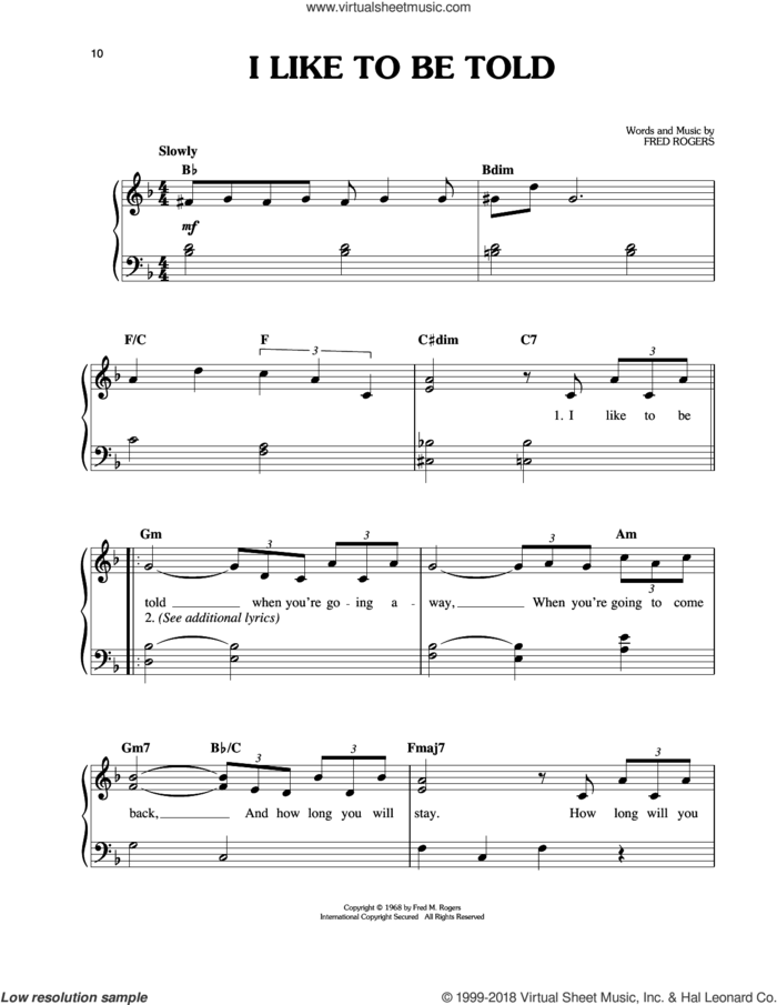 I Like To Be Told sheet music for piano solo by Fred Rogers and Mister Rogers, easy skill level