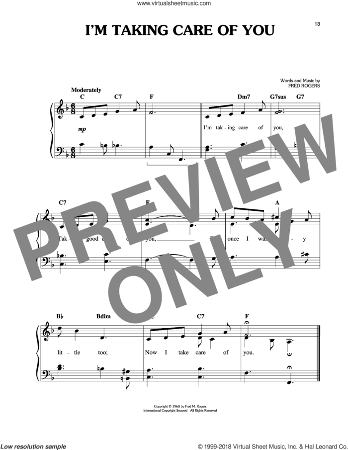 I'm Taking Care Of You sheet music for piano solo by Fred Rogers and Mister Rogers, easy skill level
