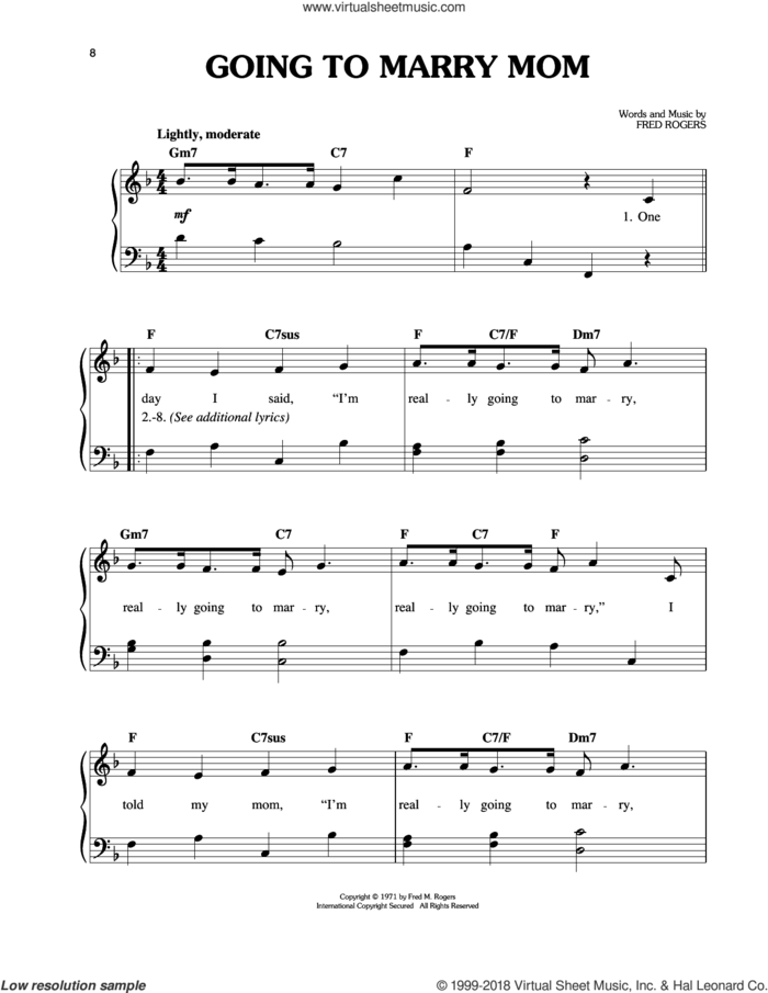 Going To Marry Mom sheet music for piano solo by Fred Rogers and Mister Rogers, easy skill level