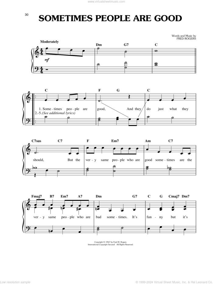 Sometimes People Are Good sheet music for piano solo by Fred Rogers and Mister Rogers, easy skill level