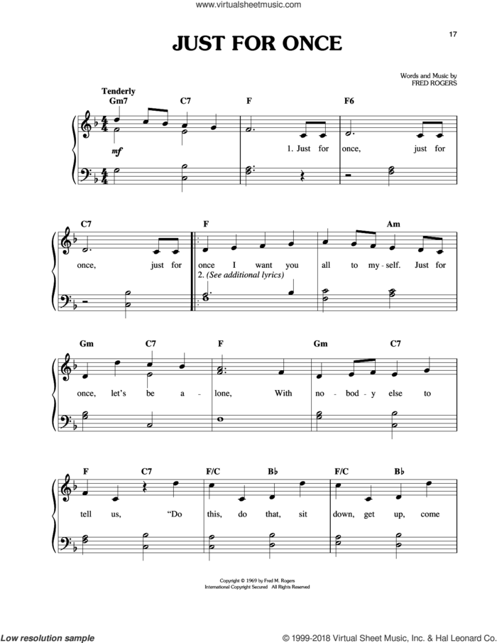 Just For Once sheet music for piano solo by Fred Rogers and Mister Rogers, easy skill level
