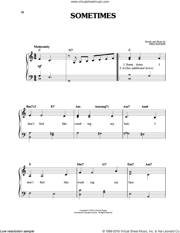 Sometimes sheet music for piano solo by Fred Rogers and Mister Rogers, easy skill level